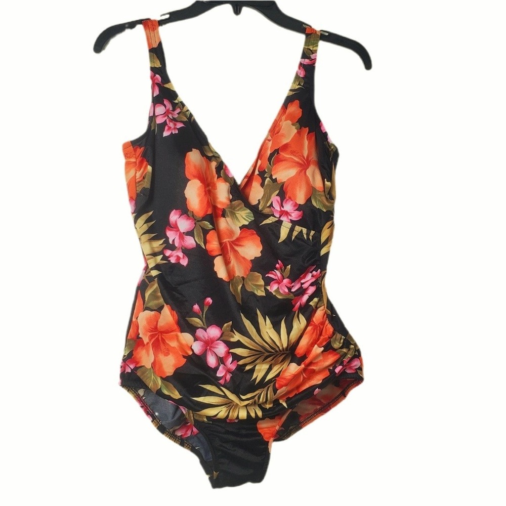 Miraclesuit Tropical Floral Crossover One Piece Swimsuit Black‎ Orange Pink 14